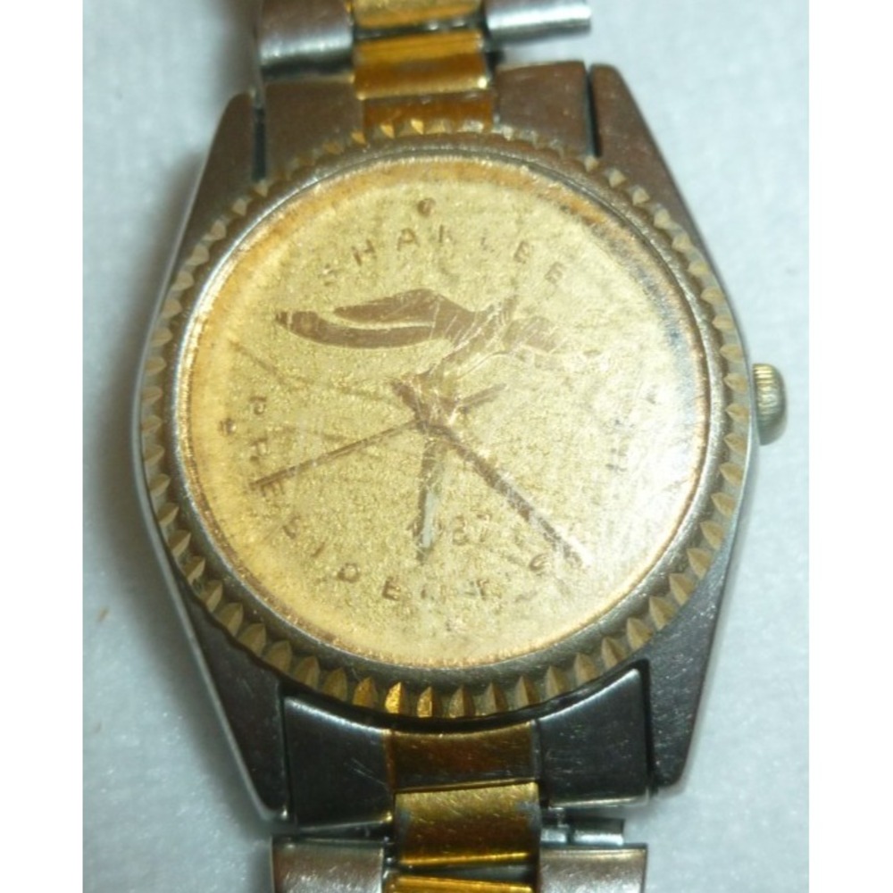 Vintage Sharlee President Two Tone Watch Gold Coin Eagle Dial Fluted Bezel